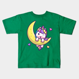 Cute Unicorn On Moon Cartoon Kids T-Shirt